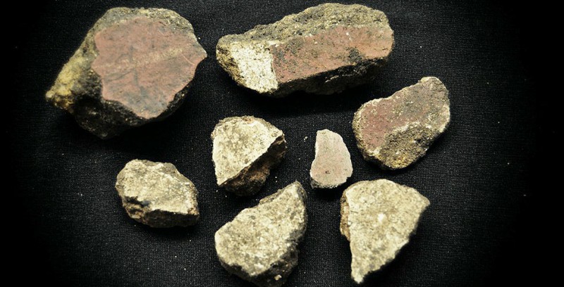 Painted wall plaster from archaeological dig at Blackfriars, Leicester